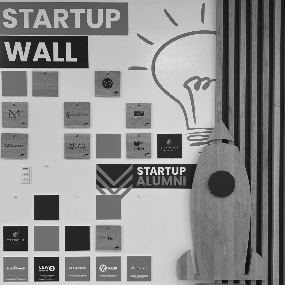 Bild zeigt die Startup Wall auf dem alle Startups aus dem Starthouse Spessart eine Wandtafel haben.