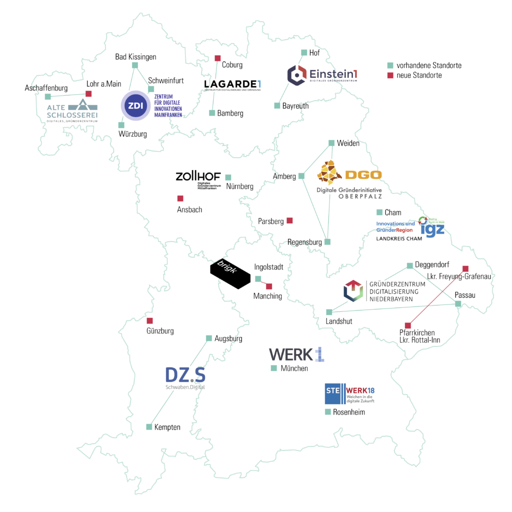 Gründerzentren in Bayern im Überblick mit ihren geografischen Bezugspunkten.